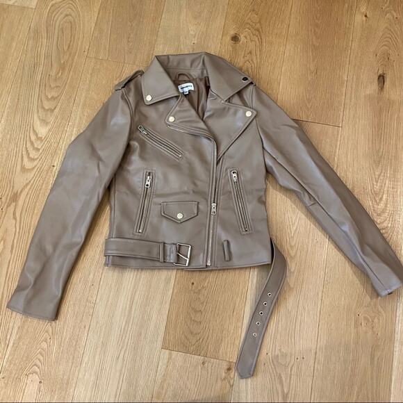 superdown Jackets & Blazers - Superdown Giovanna Moto Jacket in Tan Faux Leather with Pockets Zips and Belt